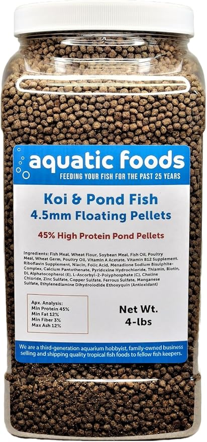 Koi and Pond Fish Pellet Food, 45% Protein 4.5mm Floating Koi Pond Pellets…4-lb Jar