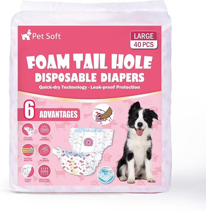 Pet Soft Disposable Dog Diapers - Female Dog Diapers with Adjustable Foam Tail Hole, Ultra Protection Puppy & Cat Diapers Wetness Indicator for Dogs in Heat or Incontinence, 40pcs (L,Red)