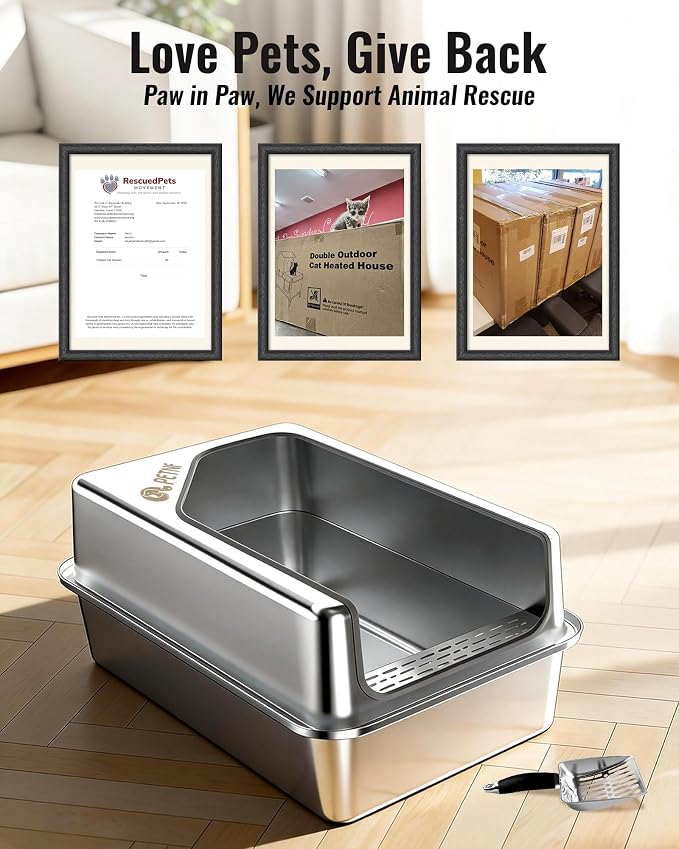 PETNF All Metal Cat Litter Box - All Stainless Steel Litter Box, Odor-Free Large Capacity with Included Litter Scoop, Leak-Proof High-Sided, Easy-to-Maintain for Big Cats & Multi-Cat Homes (1 Pack)