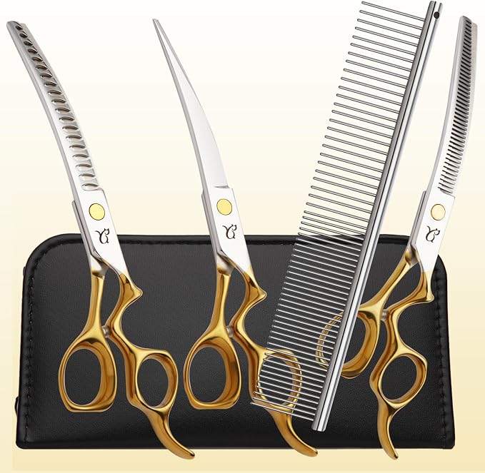 Dog Grooming Scissors,Curved Chunkers Shears Deg Grooming with Safety Round Tips, Sharp and Comfortable 4 in 1 Dog Scissers for Grooming