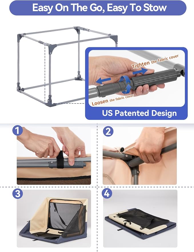 40" Collapsible Dog Crate for Large Dogs - Portable Soft Travel Kennel with Lockable Zippers, Waterproof Base, Washable Cover, Patented Screw Frame for Adjustable Tension, Outdoor, Indoor, Car Use