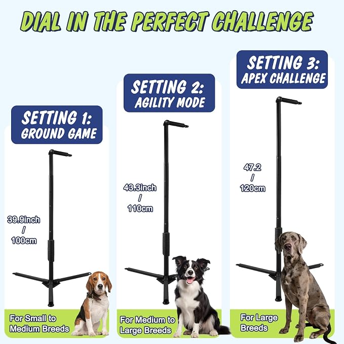 Outdoor Tug of War Dog Toy with Reinforced Tripod Base - Heavy Duty Iron 360° Interactive Tether Tug Toy for Backyard Solo Play - Adjustable Spring Pole Rope System for All Breeds