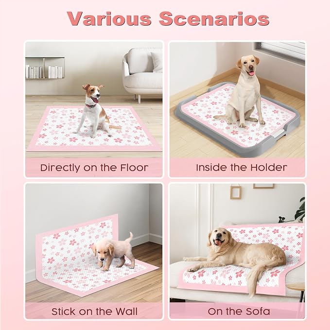 MIZOK 100 Counts Dog Pee Pads Extra Large 28"x34", Potty Pads for Big Dog Breeds, Super Absorbent & Leak-Proof, Pink Cherry Blossom Prints, 4-Corner Adhesive Tabs, Thick & Heavy, XL