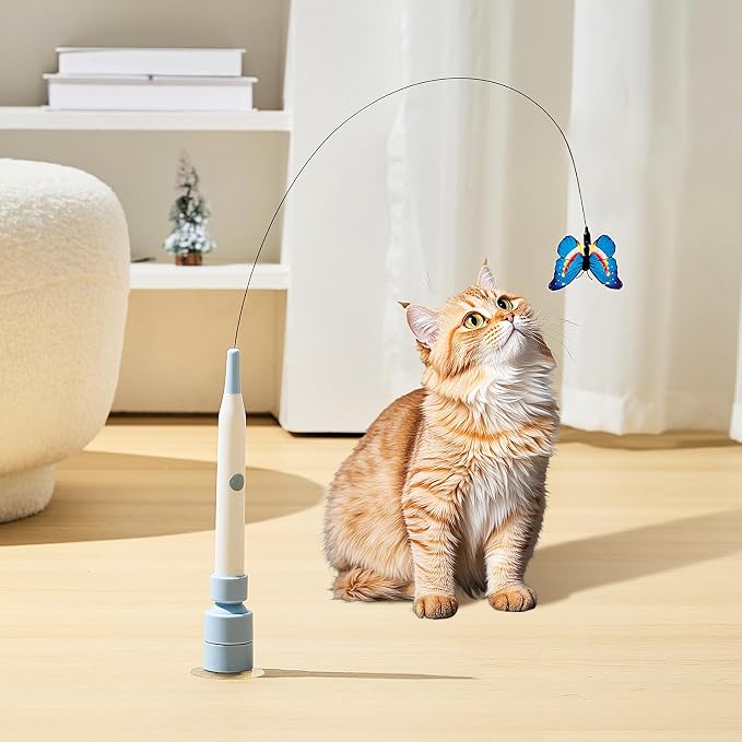 Electric Butterfly Cat Wand for Indoor Cats, 360 Spinning Self-Play with 2 Modes & Tap-to-Awake, Rechargeable Cleanable Suction Base, 3 Butterfly Refills, Interactive Cat Toy (A-Blue)