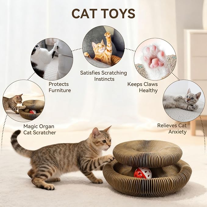 2-Pack Magic Organ Cat Scratcher, Twistable Cardboard Toy for Indoor Cats - Reversible Cardboard Honeycomb Design, Interactive Foldable Scratcher with Bell Ball