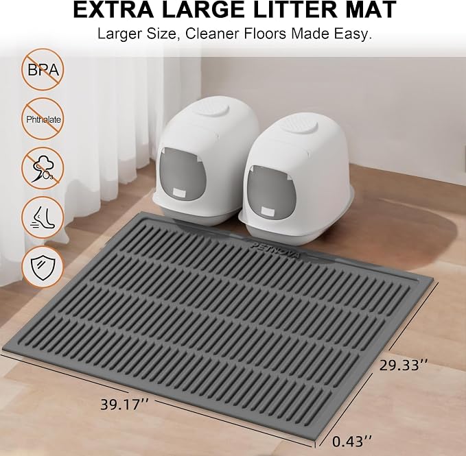 Extra Large Litter Mat: XL 39"x29" Silicone Waterproof Groove Design Litter Trapping Mat Easy to Clean for Multiple-Cats - Jumbo Non-Slip Cat Box Rug for Floor (Grey)