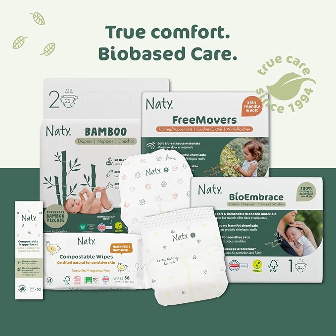 Naty Baby Wipes | 98% Water, Hypoallergenic & Natural for Sensitive Skin | Unscented, Plant-Based, Fragrance-Free | Plastic-Free & Compostable | Newborn & Toddler Diaper Wipes | 168 Count (3 Packs)