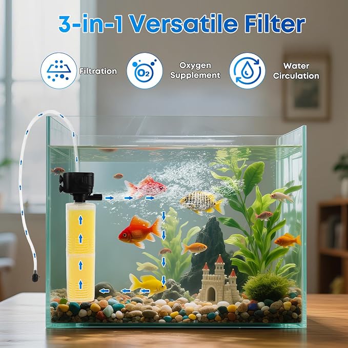 320GPH Aquarium Filter for 40–100 Gallon Fish Tanks, 4-in-1 Submersible Internal Filter with Layered Filtration, Water Pump, Air Outlet and Wave Flow Design