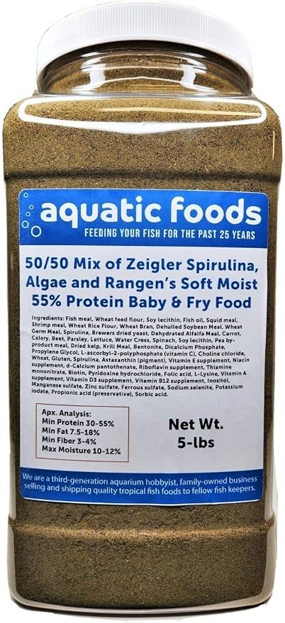 50/50 Mix of Spirulina, Algae Powder and Rangen's Soft Moist 55% Protein Koi & Tropical Fish Fry Floating Food...5-lb Lg Jar