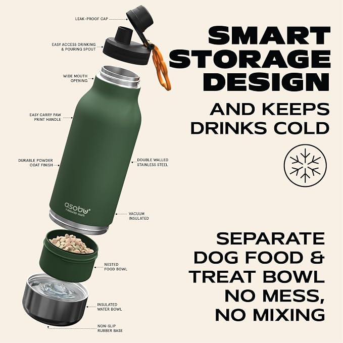asobu Dog Barky Bottle – Insulated Stainless Steel Water Bottle with 2 Removable Dog Bowls for Food, Treats & Water – Pet-Friendly Travel Bottle for Hiking, Road Trips & Outdoor Adventures