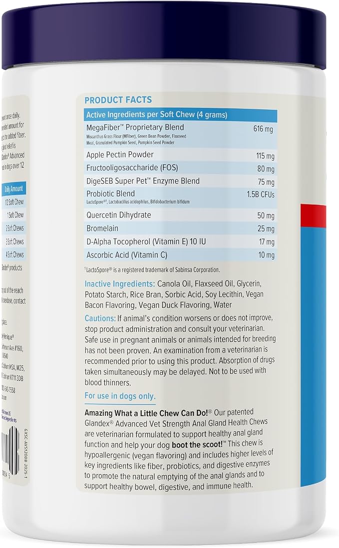 Vetnique Glandex Anal Gland Soft Chew Treats with Pumpkin for Dogs Digestive Enzymes, Probiotics Fiber Supplement for Dogs Boot The Scoot (Advanced Strength Duck/Bacon, 120 Ct)