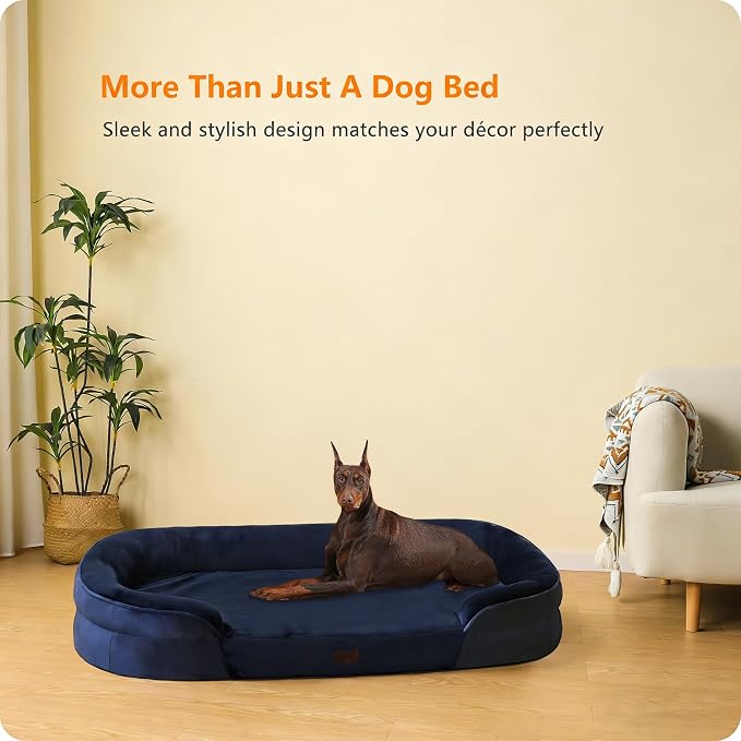 Dwanton Orthopedic Dog Bed for Extra Extra Large Dogs with Gel Memory Foam, Waterproof Dog Sofa, Washable Pet Bed with Four Sided Bolster Cushion, Removable Cover & Non-Slip Bottom, 48", Navy Blue