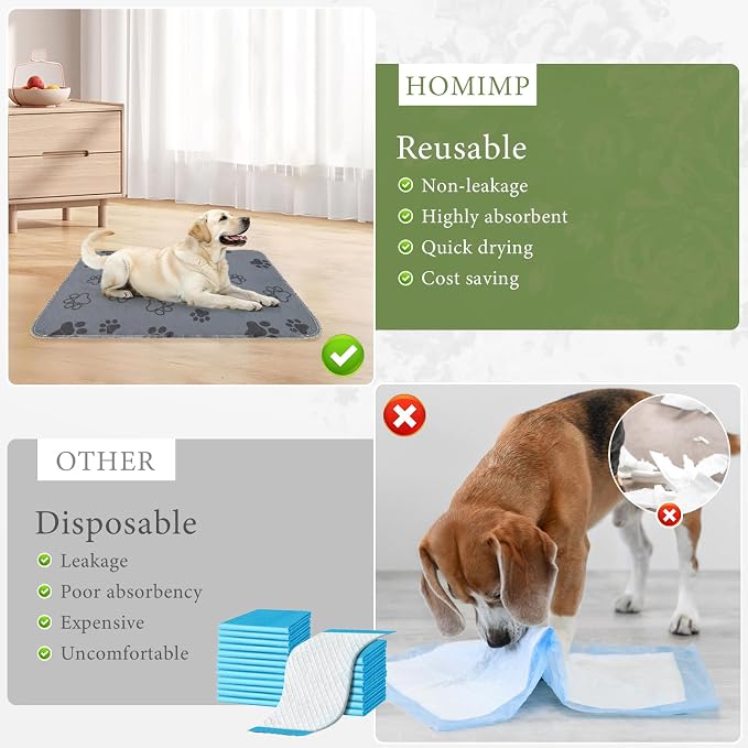 Homimp Washable Pee Pads for Dogs,4 Pack Reusable Puppy Pads,Absorbent and Leakproof Dog Pee Pads,Non Slip Puppy Training Pads,Pet Mat for Floor,Crate,Couch,Whelping,Grey 24"x36"