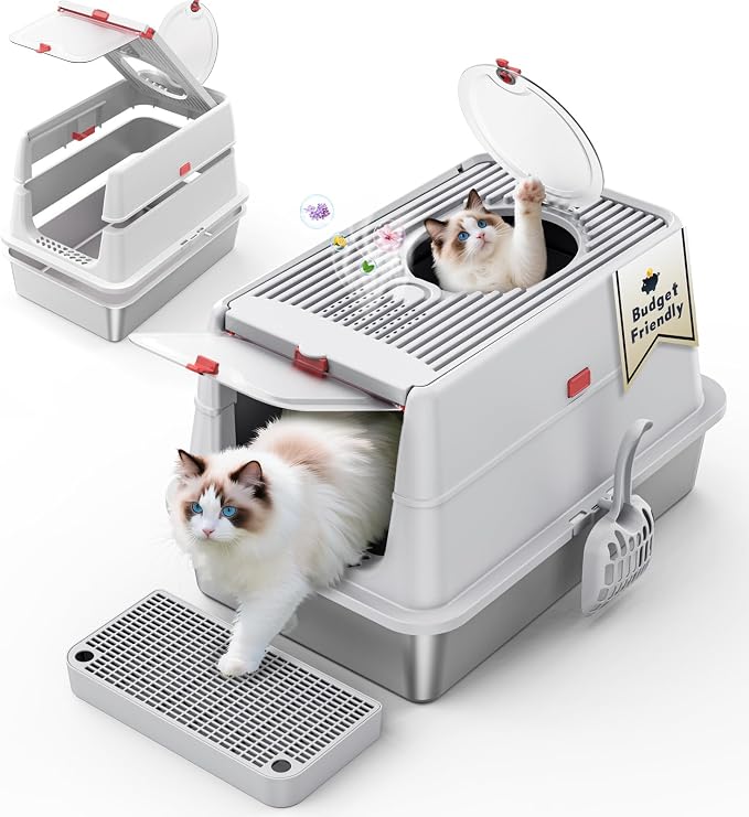 Stainless Steel Cat Litter Box with Lid, Extra Large, Enclosed, High Sides, Flip Cover, Odor Control, Grey, Includes Scoop and Step