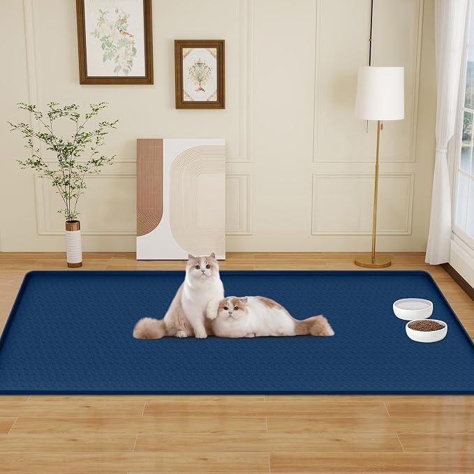 Cat Food Mat, 51" x 25.6" Extra Large Silicone Pet Feeding Mat with Raised Edge Pet Placemat for Food and Water Bowl Non-Slip, Easy to Clean, Floor Protection (Navy Blue)