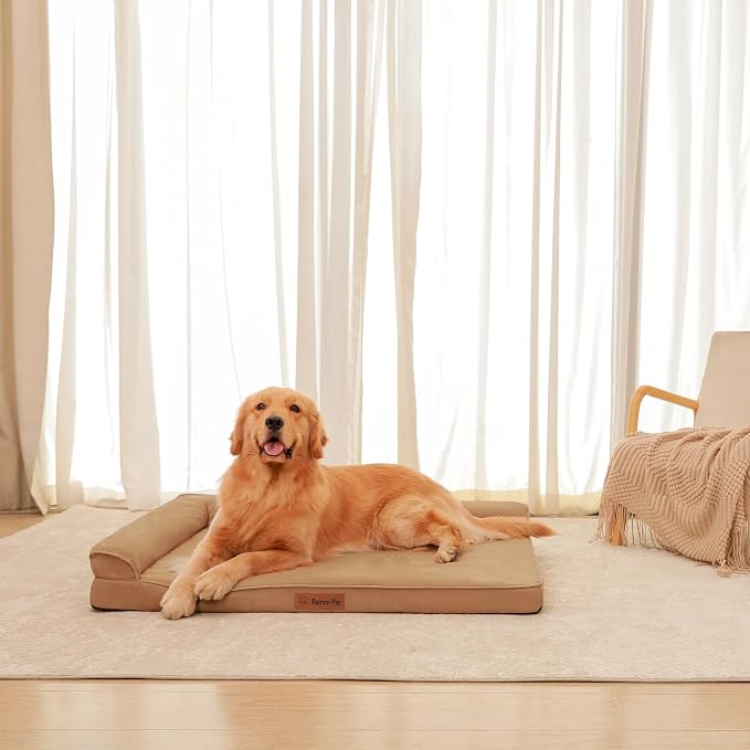 Rainmr Orthopedic Dog Bed for Large Dogs, 41"x27"x6" Memory Foam Pet Bed with Washable Microsuede Cover, TPU Waterproof Liner & Nonskid Bottom, for Indoor, Outdoor, Crate & Car Use, Khaki