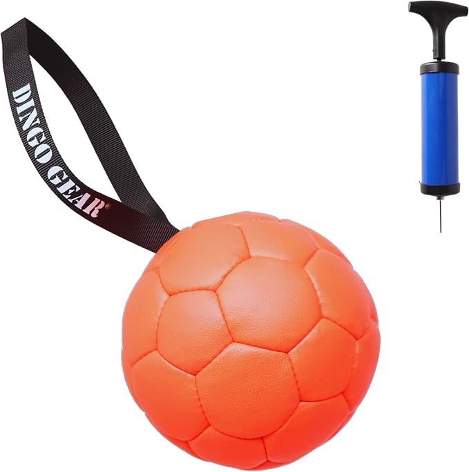 DINGO GEAR WWW.DINGOGEAR.COM 1977 Set Faux Leather Ball with Pump for Dog Training, as Reward for Fetch tug of war, for Strong Dog, Handmade, 7in Orange Z30033