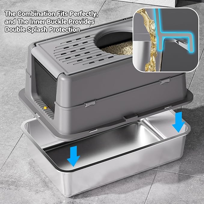 Stainless Steel Cat Litter Box with Dual Entry, Large 24”Enclosed Pan with Front Door & Top Entrance, 180° Flip-Top Lid for Easy Cleaning & Odor Control, for Large Cats & Multi-Cat Homes-Deep Black