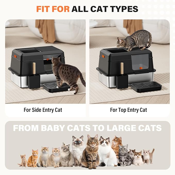 Removable Stainless Steel Cat Litter Box with lid, Side & Top Entry Kitty LitterBox,Cat Litter Box Enclosure, XL Extra Large High-Sided Metal Cat Box with Scoop, Footboard (Black)