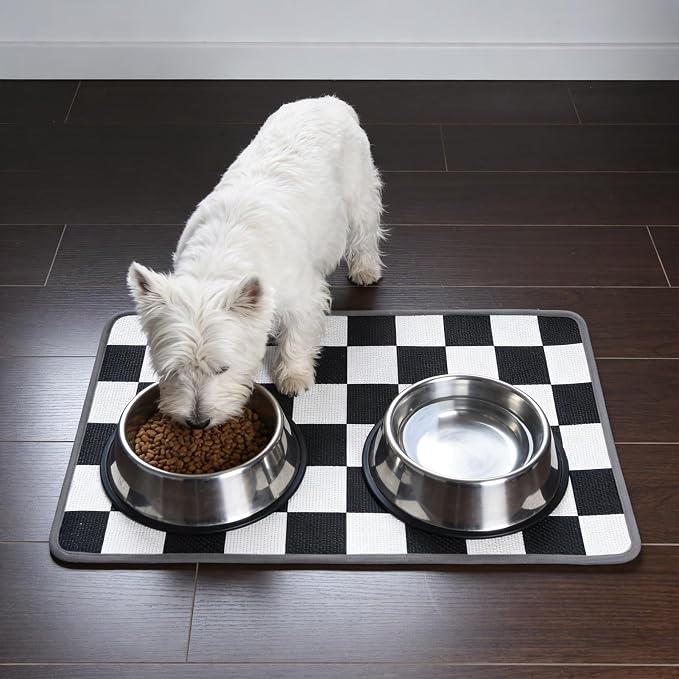 PUPTECK Dog Food Mat, Absorbent Pet Cat Feeding Mat for Food and Water Bowls, Anti-Slip Dog Placemat for Floors Waterproof, Pet Supplies Accessories, Black & White Checkered S