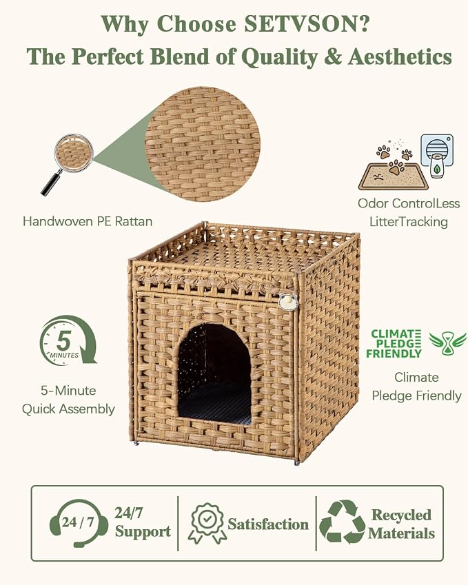 SETVSON Cat Litter Box Enclosure Furniture, Hidden Litter Box with Mat and Fence, Handwoven Rattan Cat House with Two S-Shaped Hooks for Living Room, Bedroom, 18.5 x 20.5 x 19.1 Inches (Natural)