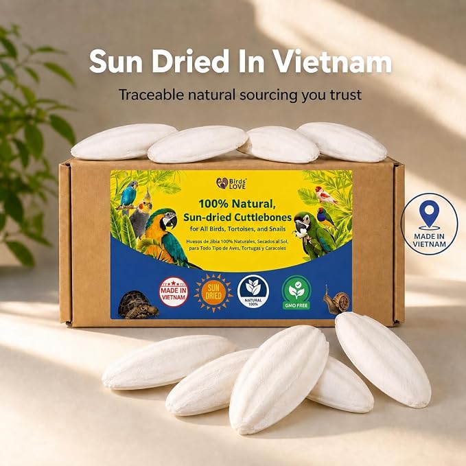 Birds LOVE 7.5-8" Cuttlebone for Birds β 100% Natural Sun-Dried Calcium Carbonate Mineral Supplement β for Parakeets, Budgies, Cockatiels, Finches & Canaries β 1 Pack with Holder β Made in Vietnam