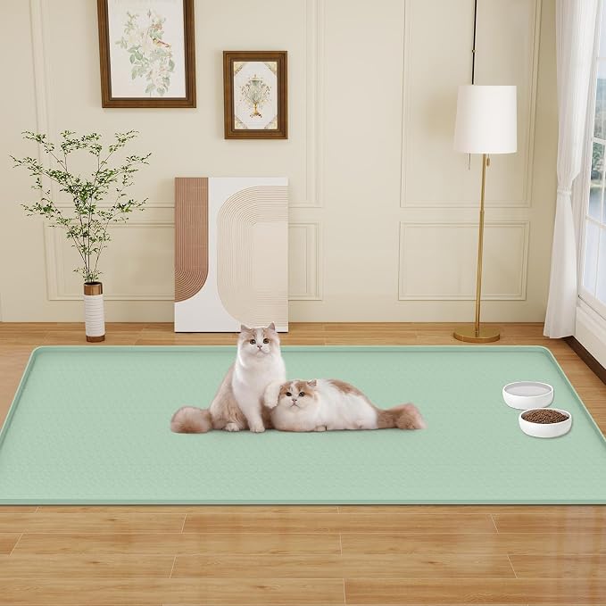 Cat Food Mat, 51" x 25.6" Extra Large Silicone Pet Feeding Mat with Raised Edge Pet Placemat for Food and Water Bowl Non-Slip, Easy to Clean, Floor Protection (Green)