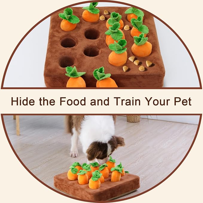 Interactive Dog Toys,Carrot Snuffle Mat for Dogs Plush Puzzle Toys 2 in 1 Non-Slip Nosework Feed Games Pet Stress Relief with 12 Carrots