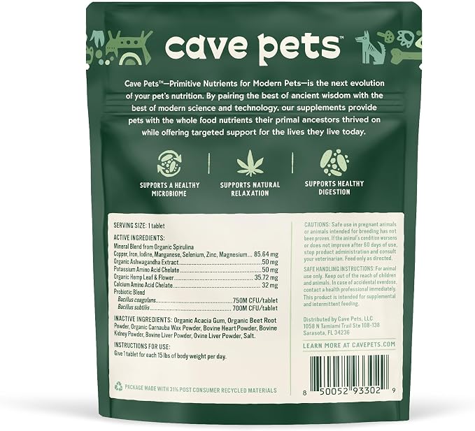 Cave Pets, Super Chomp Tablets, Dog Probiotic Supplement for Digestive Health and Natural Relaxation, Multi-Glandular & Hemp, 60 Tablets