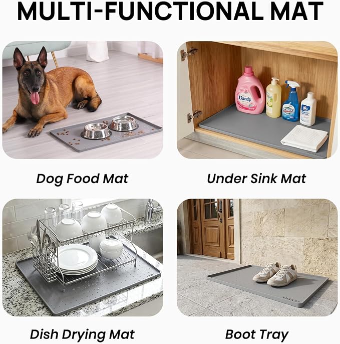 YINEYA Silicone Dog & Cat Food Mat Waterproof 22" x 14", Raised Edge Dog Bowl Mat for Food and Water, BPA-Free Non-Slip Pet Feeding Mats for Floors, Multifunctional Silicone Mat (Gray)
