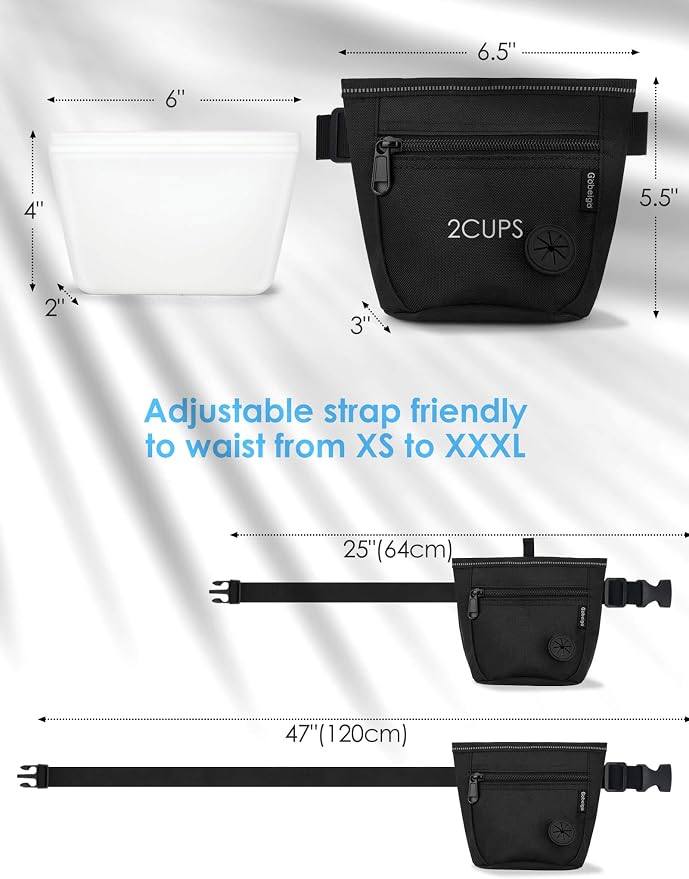 Gobeigo【Silicone Insert Bag Version】Dog Treat Pouch and Training Clicker, 2 Pair Magnetic Closure, 2 Cup Walking Fanny Pack with Poop Bag Dispenser, Metal Belt Clip &Waist Strap