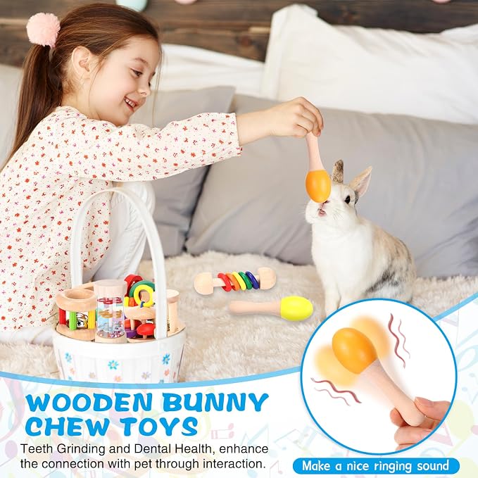 Halloscume 9 Pcs Wooden Bunny Toys, Rabbit Toys for Bunnies Boredom, Safe Rabbit Toy, Multi Colored Teeth Grinding Toy for Chinchillas Hamsters Small Animals Playing Indoor Outdoor Bunny Gifts