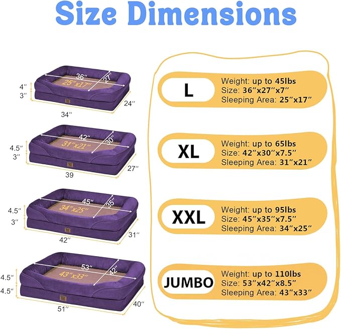 Chez Paw XXL Orthopedic Dog Bed for Extra Large Dogs, Extra Thick Egg-Crate Foam Waterproof Pet Couch with Removable Washable Cover, 4-Sided Bolster & Non-Slip Bottom, Purple 45"x35"x7.5"
