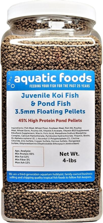 Koi and Pond Juvenile Fish Pellet Food, 45% Protein 3.5mm Floating Pond Pellets…4-lb Jar
