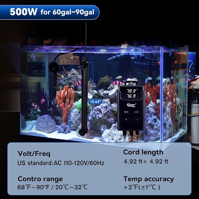 hygger Aquarium Heater,Submersible Fish Tank Heater with External Digital Display, Including Overheat & Leakage Protection and Temperature Sensor for Freshwater and Saltwater (500W for 60gal~90gal)