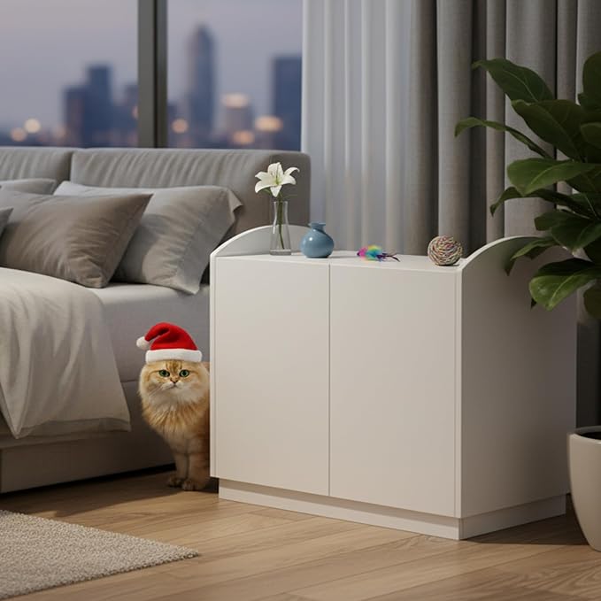 YITAHOME Hidden Cat Litter Box Enclosure, 31 Inch Litter Box Furniture with Hooks for Large Medium Cats, High-Gloss Wooden Cat Cabinet for Indoor Cats, White