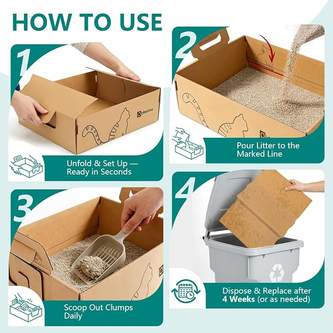 6-Pack Large Disposable Cat Litter Box, Recyclable Cardboard, Waterproof & Leak-Resistant, Portable for Travel, Temporary and Home Use