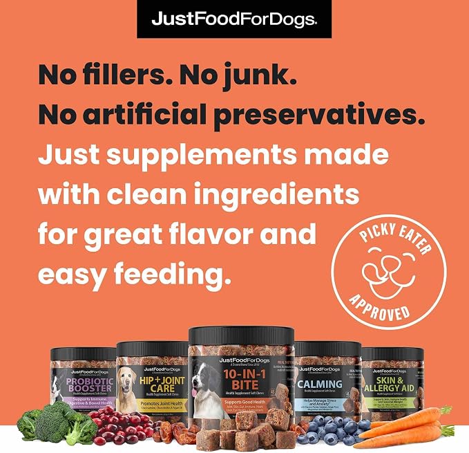 JustFoodForDogs 10-in-1 Multifunctional & Hip + Joint Supplement Soft Chews for DogsPlant-Based, Human Grade -45 Count of Each, 90 Chews Total
