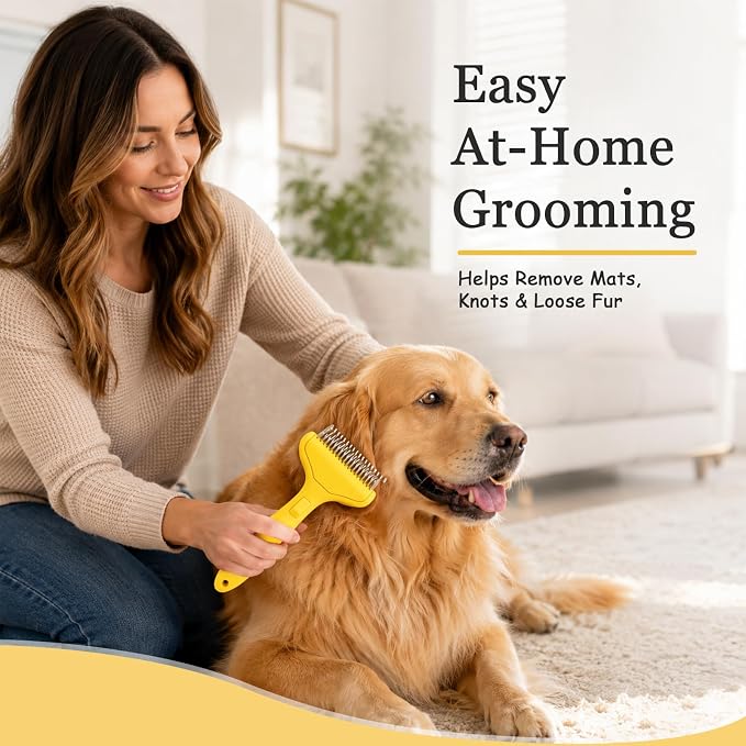 Dog Brush and Cat Deshedding Rake, Pet Grooming Tool for Shedding with Rounded Stainless Steel Teeth, Comfortable Grip for Long or Thick Coats (Style 2 Yellow)