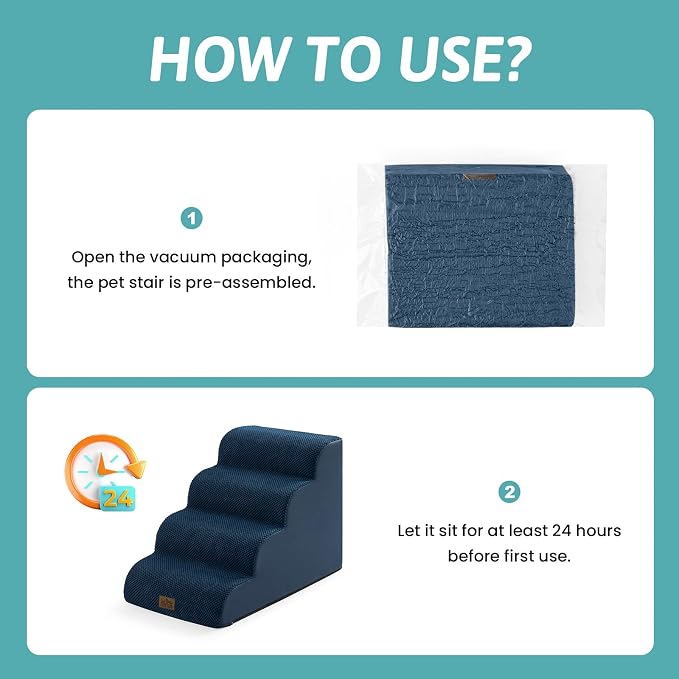 COZY KISS Wide Dog Stairs for Small Dog 19.7" H, Pet Step for Puppy, Older Cat, Curved Ramp for Bed, Durable Anti-Slip Ladder with High Density Foam, 4 Step, 17.7x28x19.7 inch, Navy Blue