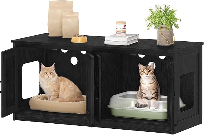 Hzuaneri Cat Litter Box Enclosure for 2 Cats, Hidden Litter Box Furniture Cabinet with Double Room, Indoor Cat House, Farmhouse Style, 46.7 x 18.9 x 21.1 Inches, Black CB85304X