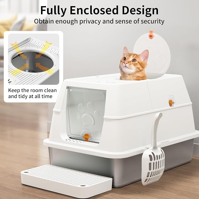 Stainless Steel Cat Litter Box with Lid, 180° Flip-Top XL Extra Large Enclosed Litter Box, Covered Metal High Sided Litter Pan with Steps & Scoop, Easy Cleaning, Odor Control,Non-Sticky-White
