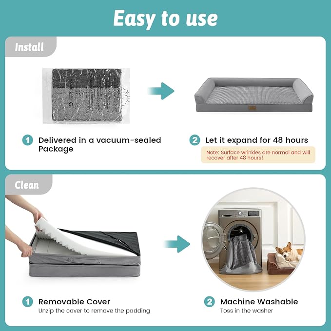 COZY KISS Orthopedic Dog Beds for Large Sized Dog, XL Bolster Pet Couch with Waterproof Lining, Egg Crate Foam Sofa for Pets Up to 100 lbs, U-Shaped, 44x32x7 inch, Grey