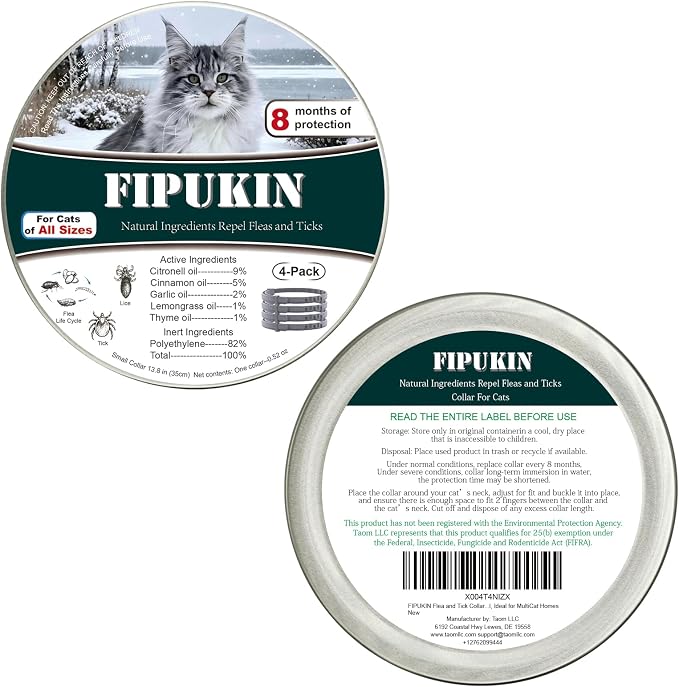 Flea and Tick Collar for Cats, 4‑Pack | Value Pack at $8.50 per Collar, 8‑Month Waterproof Protection | Includes Comb & Tick Removal Tool, Ideal for Multi‑Cat Homes