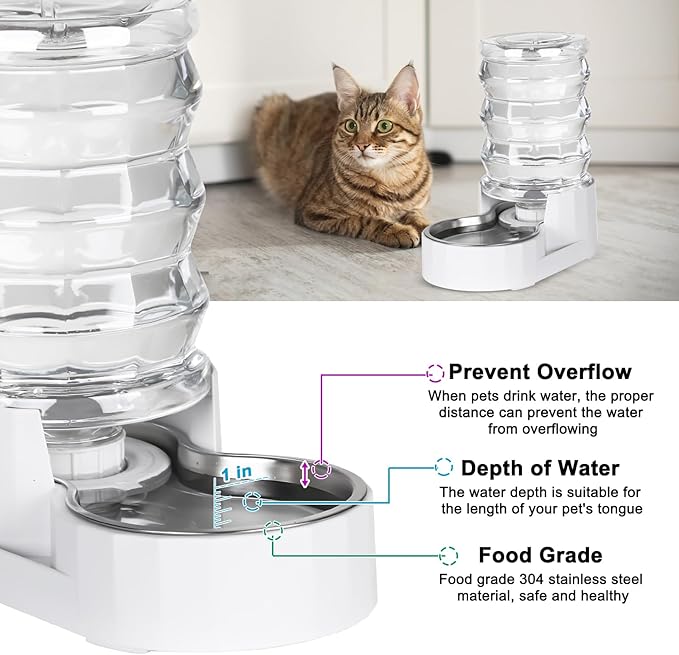 RIZZARI 4L Gravity Pet Water Dispenser with Stainless Steel Bowl – Activated Carbon & Ion Exchange Filter for Urinary Health, Automatic Flow, for Cats & Small Dogs in Apartments or Single-Pet Homes