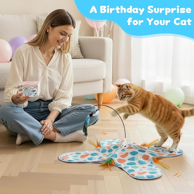 Interactive Cat Toys with Bird, Hide and Seek Cat Toy, 2 in 1 Automatic Moving Concealed Feathers for Indoor Cats, Non-Slip Suction, Touch Activated, USB Rechargeable, Blue