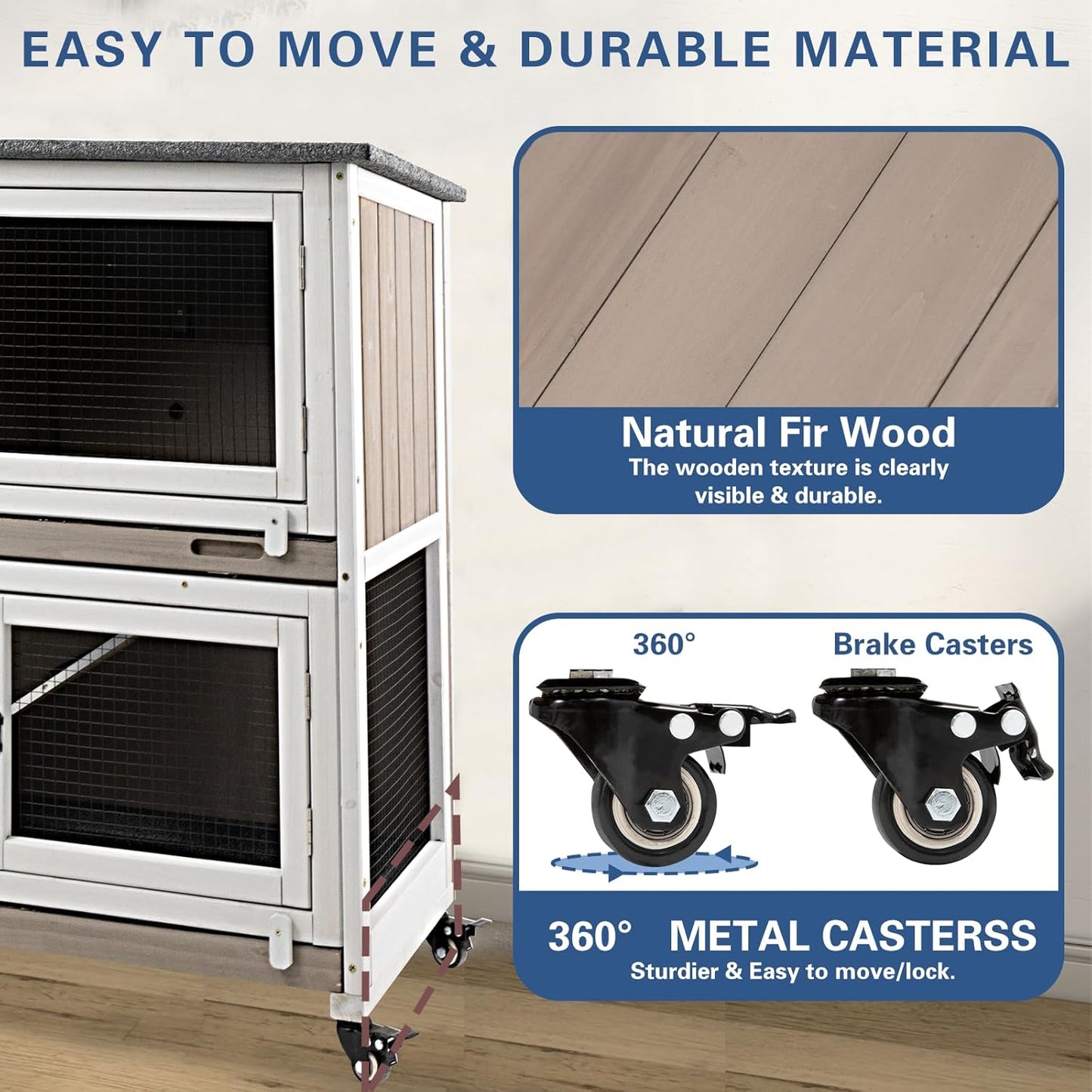 36" L Guinea Pig Cages Wooden, 2 Story Rabbit Cage Indoor Guinea Pig Habitat on 4 Metal Wheels and 2 Deeper Pull-Out Trays, Ramp, Leak Proof Guinea Pig Cages Indoor Small Animal Cage, Grey