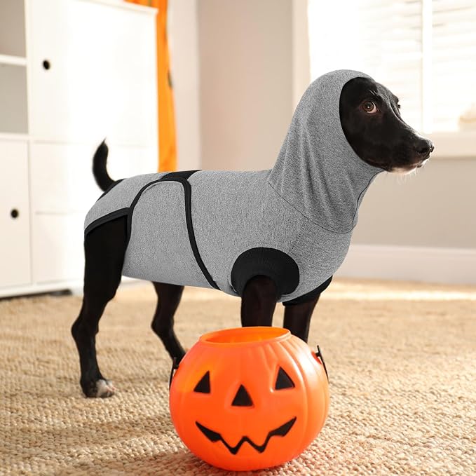Queenmore Dog Recovery Suit, Soft Dog Surgery Suit for Female Male Dogs,Comfy Pet Surgery Recovery Shirt,Anxiety Relief Calming Vest with Ear Muffs,Grey,XS