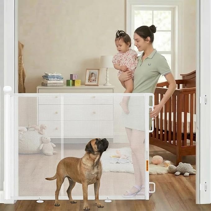 Retractable Baby Gate - 118" Extra Wide Mesh Dog Gate with Support Rods - 34" Tall for Stairs, Doorways, Hallways - Drill or No-Drill - Pet & Cat Gate - Outdoor/Indoor (White, 9.84 ft)