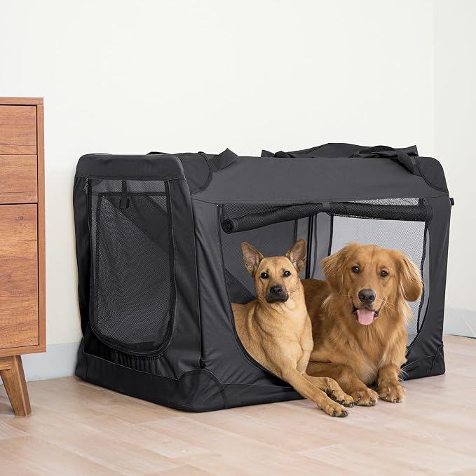 HICC PULE Collapsible Portable Dog Crate, 36 Inch Large Dog Crate Ideal as Travel Dog Crate for Large/Medium Dogs, 3-Door Soft-Sided Pet Kennel for Indoor & Outdoor, Car Trip, Black